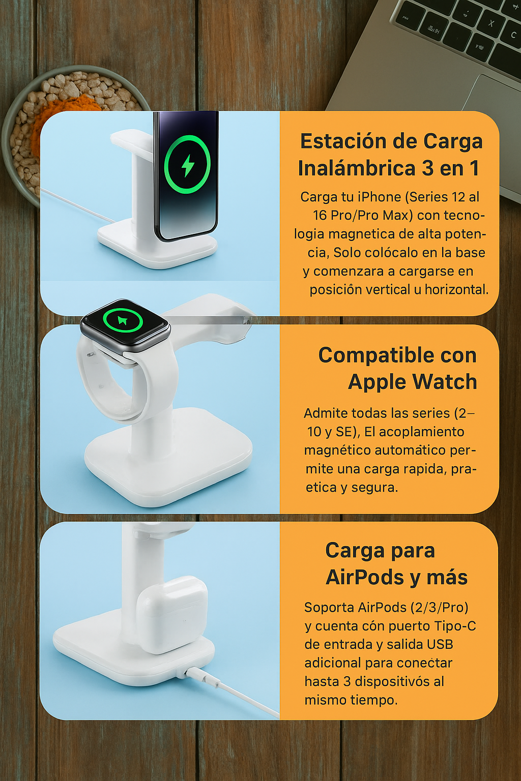 Estación de Carga Inalámbrica Magnética Super Rápida 3 en 1, Para Iphone 16/15/14/13 Pro, Watch Series y Airpods